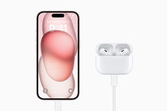 Lifestyle: iPhone 15 128GB Pink charging over USB-C with AirPods Pro
