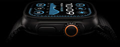 Smartwatch with a black band and orange accent on a dark background