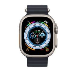 Apple Watch Ultra GPS + Cellular, 49mm Titanium Case with Midnight Black Ocean Band.