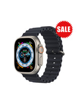Apple Watch Ultra GPS + Cellular, 49mm Titanium Case with Midnight Black Ocean Band.