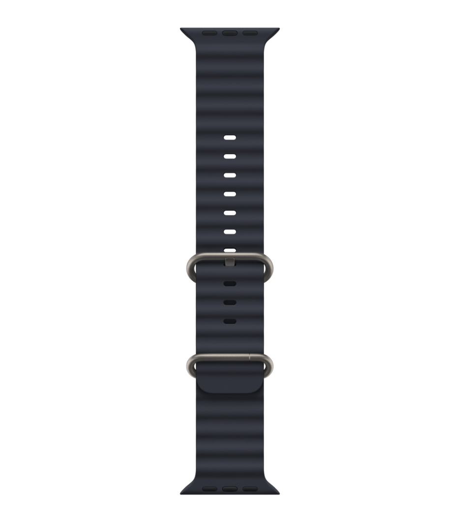 Apple Watch Ultra GPS + Cellular, 49mm Titanium Case with Midnight Black Ocean Band.