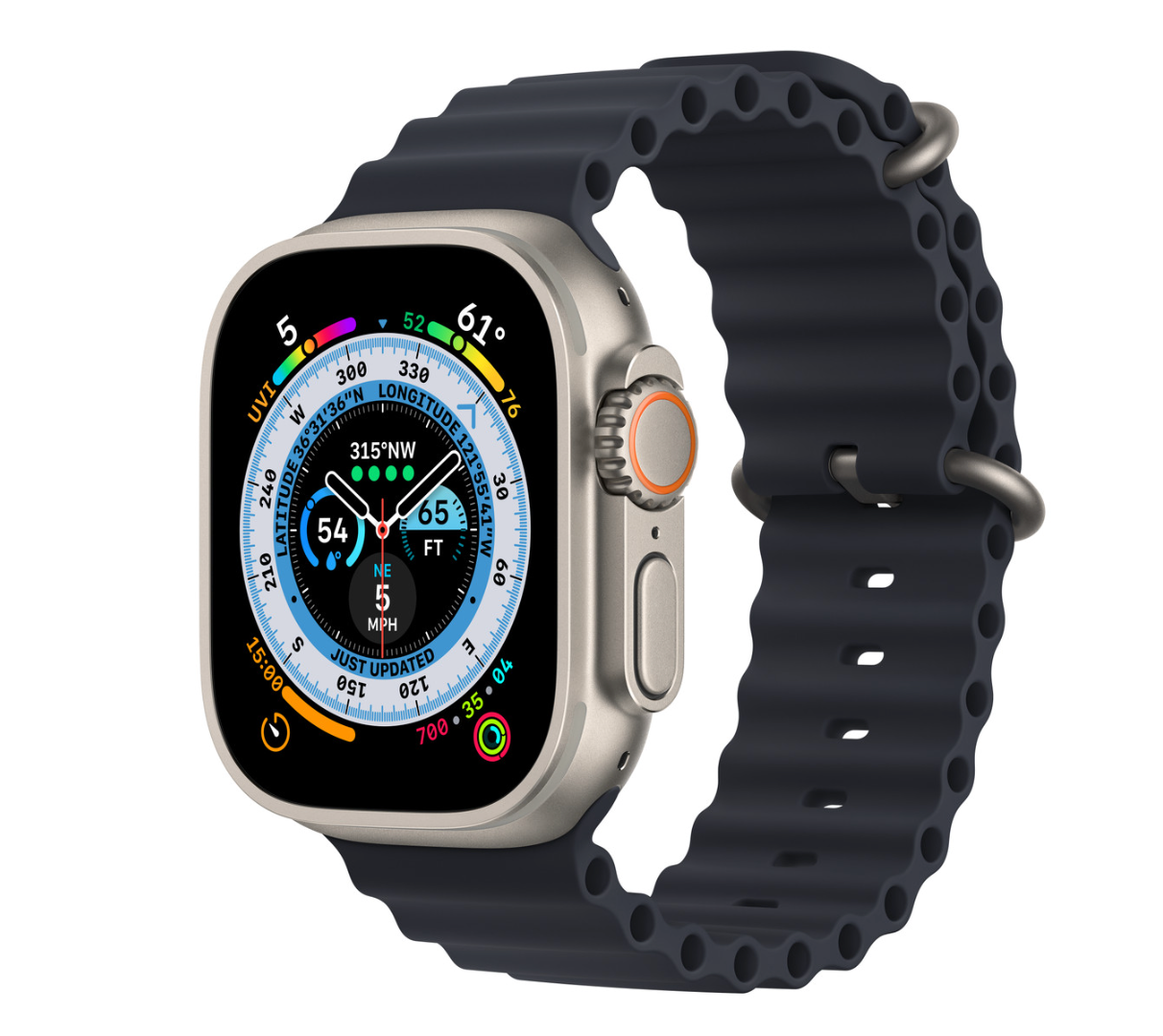 Apple Watch Ultra GPS + Cellular, 49mm Titanium Case with Midnight Black Ocean Band.