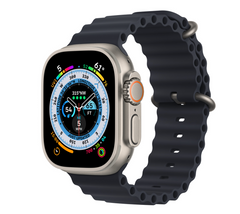Apple Watch Ultra GPS + Cellular, 49mm Titanium Case with Midnight Black Ocean Band.