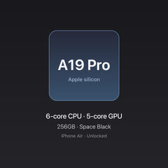 Apple A19 Pro chip card — iPhone Air 256GB Space Black, unlocked