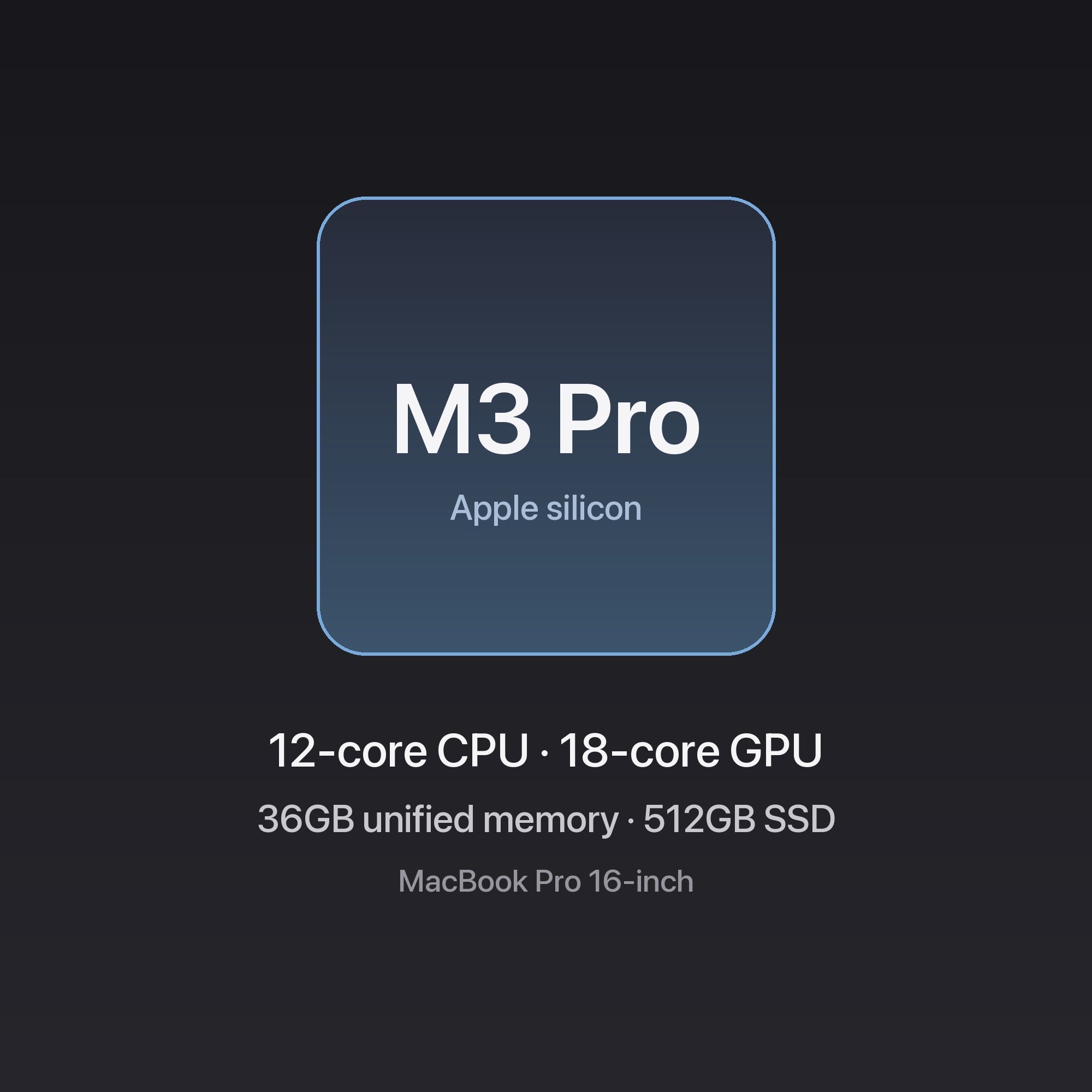 Apple MacBook Pro 16-inch M3 Pro chip — 12-core CPU · 18-core GPU, 36GB unified memory, 512GB SSD, Silver