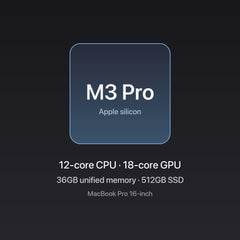 Apple MacBook Pro 16-inch M3 Pro chip — 12-core CPU · 18-core GPU, 36GB unified memory, 512GB SSD, Silver