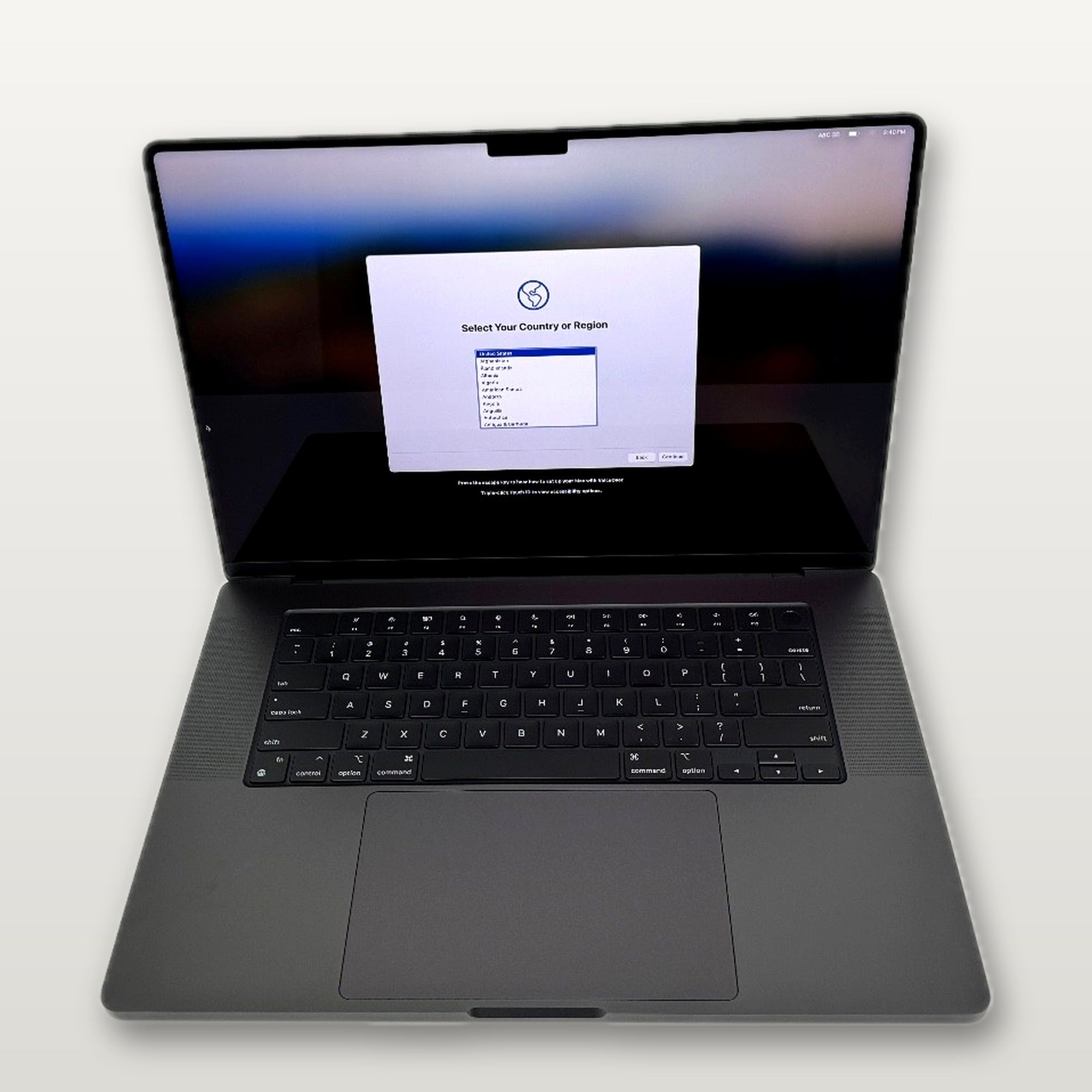 Actual MacPro-LA unit — Apple MacBook Pro 16-inch M3 Max, 36GB RAM, 1TB SSD, Space Black — straight-on front view, screen on