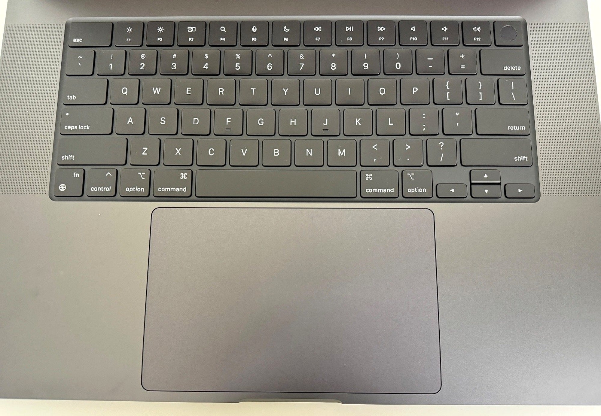 Actual MacPro-LA unit — Apple MacBook Pro 16-inch M3 Max, 36GB RAM, 1TB SSD, Space Black — keyboard with Touch ID and trackpad, top-down close-up