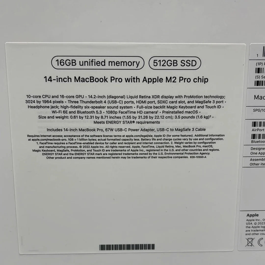 Apple MacBook Pro 14" M2 Pro, 16GBRam Memory Apple M2 Pro Open Box.