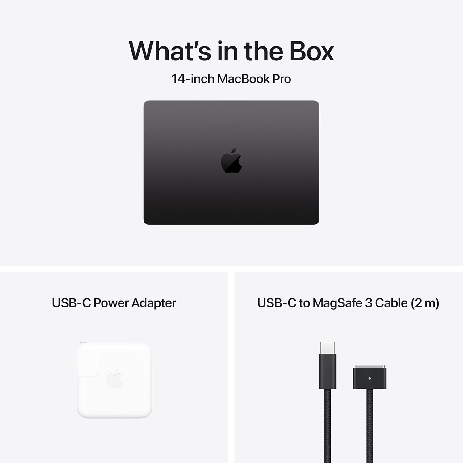 What's in the box — Apple MacBook Pro 14-inch M3 Max, 36GB RAM, 1TB SSD, Space Black, 70W USB-C power adapter, USB-C to MagSafe 3 cable