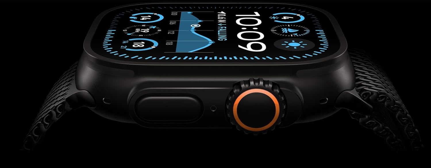 Smartwatch with a black band and orange accent on a dark background