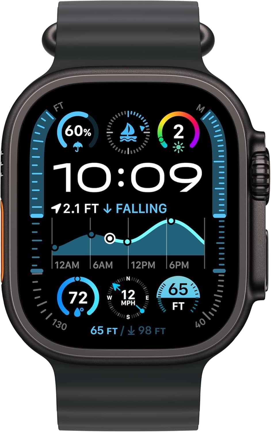 Smartwatch with a black band displaying various metrics on a white background