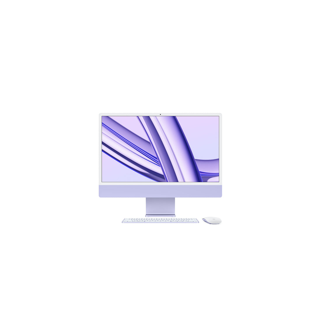 Apple iMac 24-inch M3, 8GB RAM, 512GB SSD, Purple — front, with Magic Keyboard and Magic Mouse
