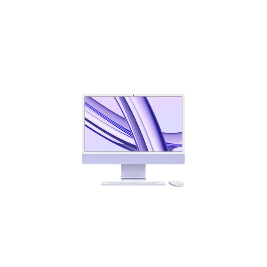 Apple iMac 24-inch M3, 8GB RAM, 512GB SSD, Purple — front, with Magic Keyboard and Magic Mouse