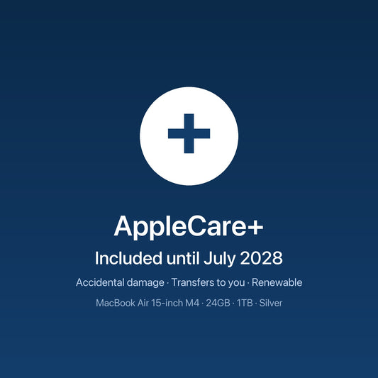 MacBook Air 15-inch M4 · 24GB · 1TB · Silver — AppleCare+ included until July 2028, transfers to you