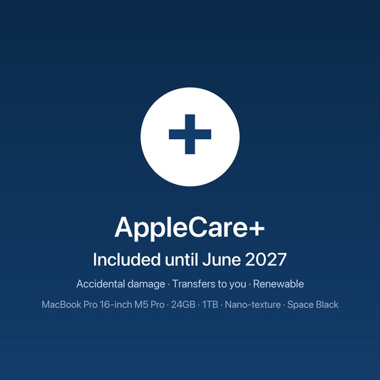 MacBook Pro 16-inch M5 Pro · 24GB · 1TB · Nano-texture · Space Black — AppleCare+ included until June 2027, transfers to you