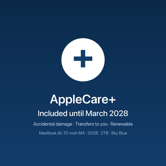 MacBook Air 15-inch M4 · 32GB · 2TB · Sky Blue — AppleCare+ included until March 2028, transfers to you