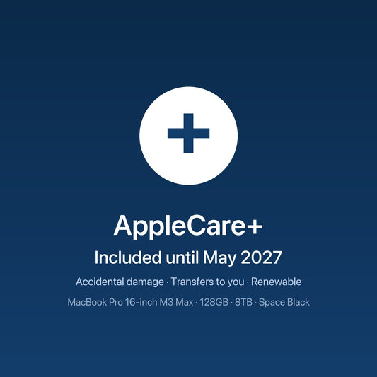 MacBook Pro 16-inch M3 Max · 128GB · 8TB · Space Black — AppleCare+ included until May 2027, transfers to you
