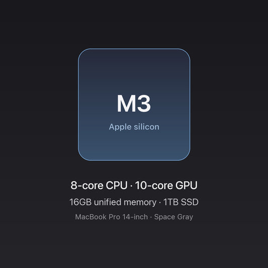 Apple M3 chip — 8-core CPU, 10-core GPU, 16GB unified memory, 1TB SSD, MacBook Pro 14-inch Space Gray