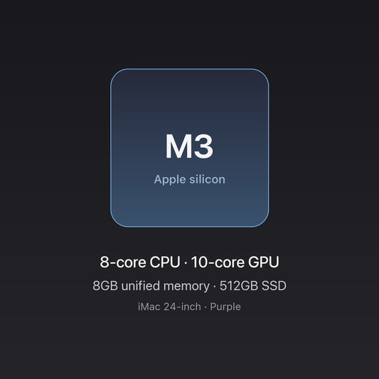 Apple M3 chip — 8-core CPU, 10-core GPU, 8GB unified memory, 512GB SSD, iMac 24-inch Purple