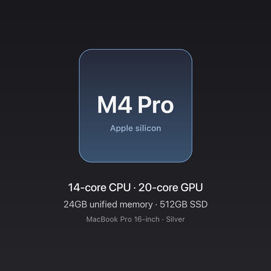 Apple M4 Pro chip — 14-core CPU, 20-core GPU, 24GB unified memory, 512GB SSD, MacBook Pro 16-inch Silver