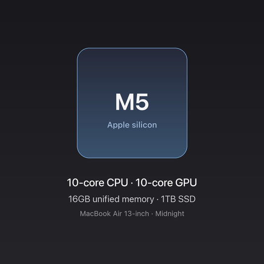 Apple M5 chip — 10-core CPU, 10-core GPU, 16GB unified memory, 1TB SSD, MacBook Air 13-inch Midnight