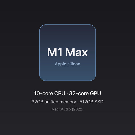 Apple M1 Max chip — 10-core CPU, 32-core GPU, 32GB unified memory, 512GB SSD — Mac Studio M1 Max 32GB 512GB Silver