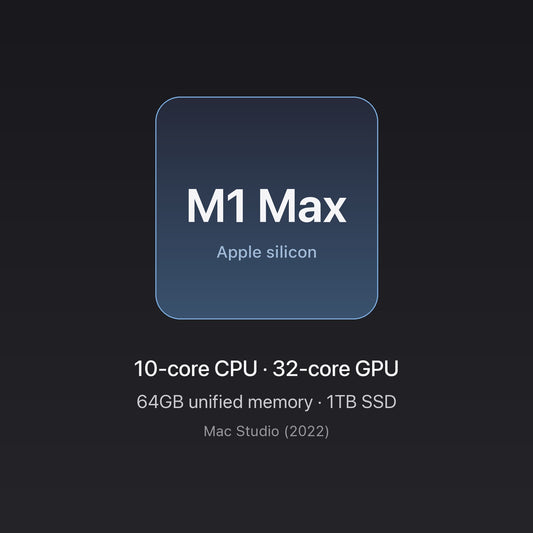 Apple M1 Max chip — 10-core CPU, 32-core GPU, 64GB unified memory, 1TB SSD — Mac Studio M1 Max 64GB 1TB Silver