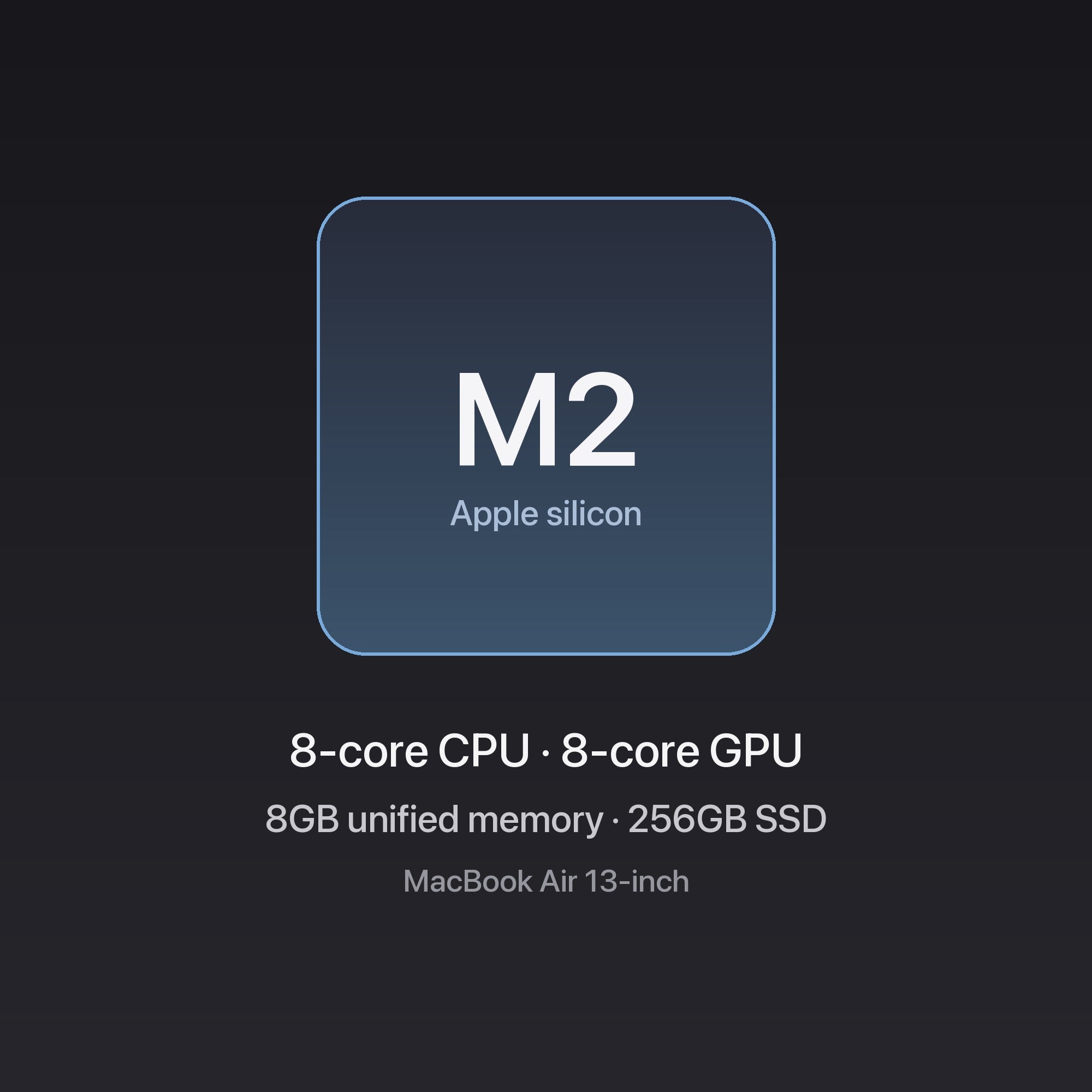 Apple MacBook Air 13-inch M2 chip — 8-core CPU, 8-core GPU, 8GB unified memory, 256GB SSD, Midnight