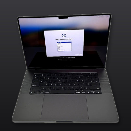 Actual MacPro-LA unit — Apple MacBook Pro 16-inch M4 Max, 128GB RAM, 4TB SSD, Space Black — straight-on front view, screen on
