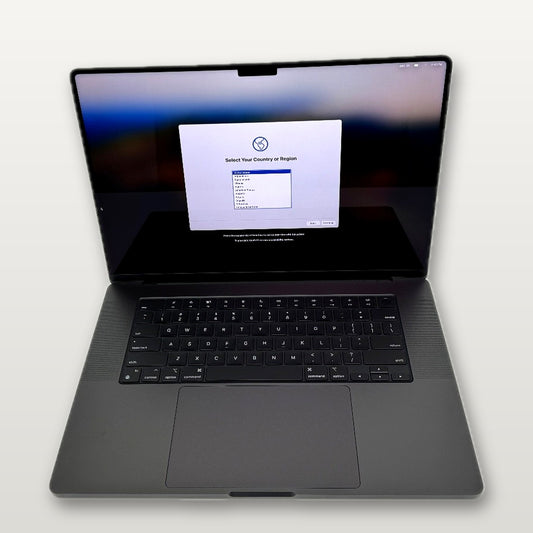 Actual MacPro-LA unit — Apple MacBook Pro 16-inch M3 Max, 36GB RAM, 1TB SSD, Space Black — straight-on front view, screen on