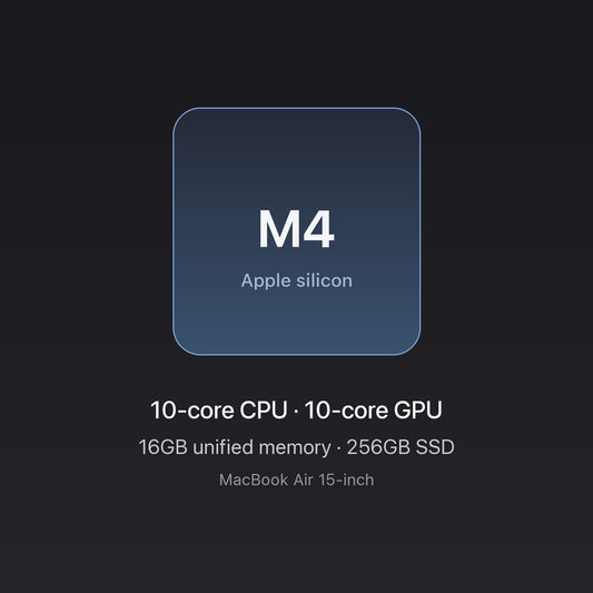 Apple M4 chip — 10-core CPU, 10-core GPU, 16GB unified memory, 256GB SSD — MacBook Air 15-inch M4 16GB 256GB Midnight