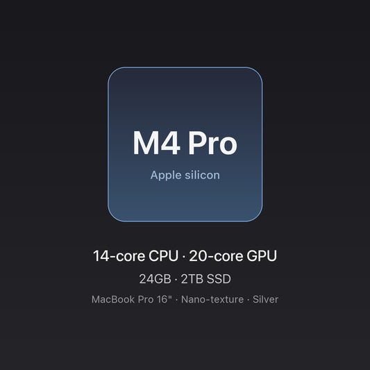 Apple M4 Pro chip — 14-core CPU, 20-core GPU, 24GB unified memory, 2TB SSD, MacBook Pro 16-inch Silver