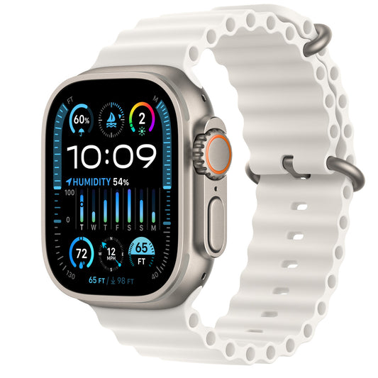 Apple Watch Ultra  GPS + Cellular, 49mm Titanium Case with White Ocean Band.