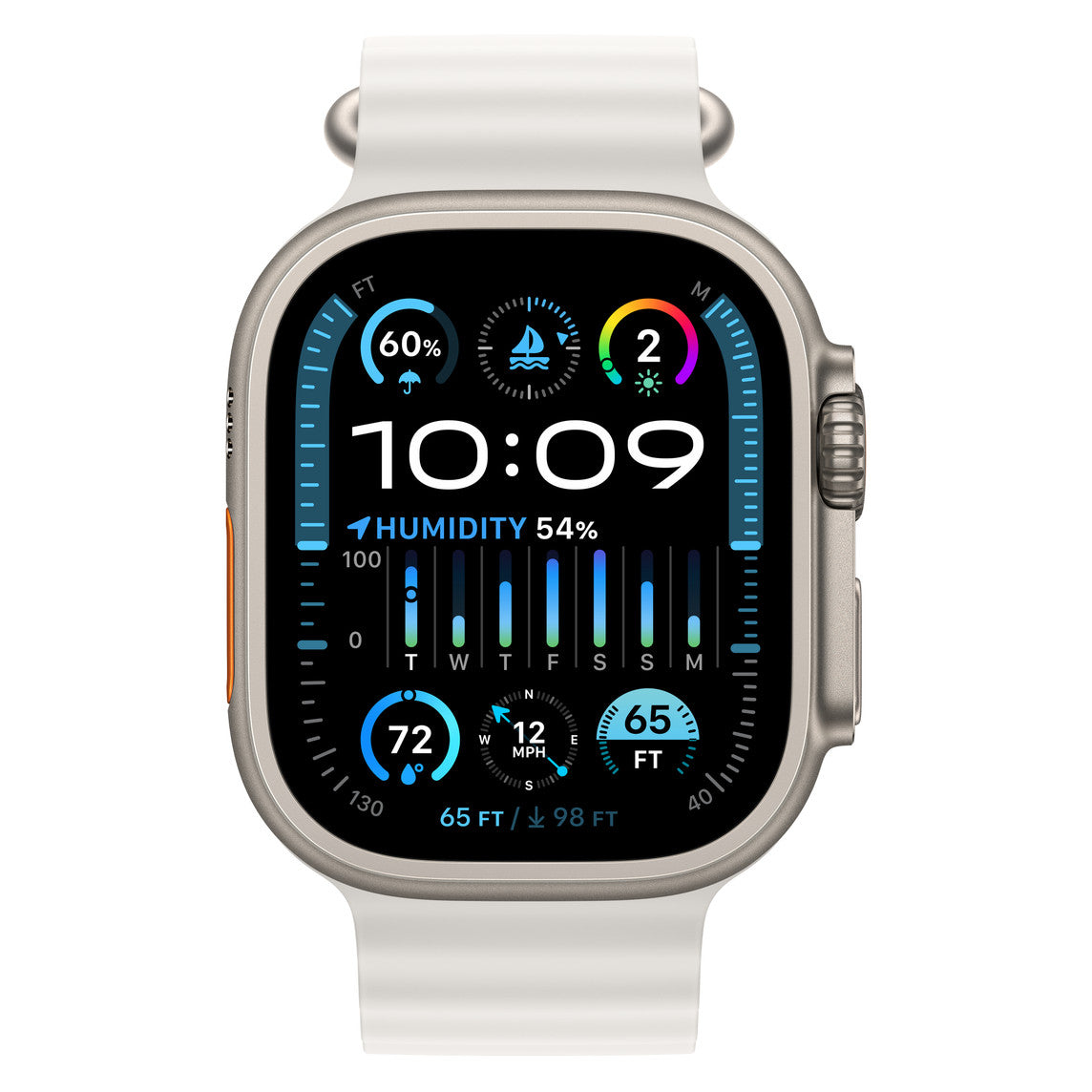 Apple Watch Ultra  GPS + Cellular, 49mm Titanium Case with White Ocean Band.