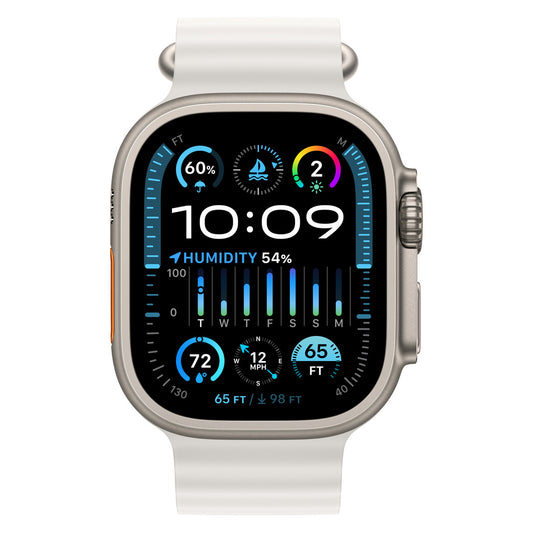 Apple Watch Ultra  GPS + Cellular, 49mm Titanium Case with White Ocean Band.