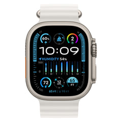 Apple Watch Ultra  GPS + Cellular, 49mm Titanium Case with White Ocean Band.