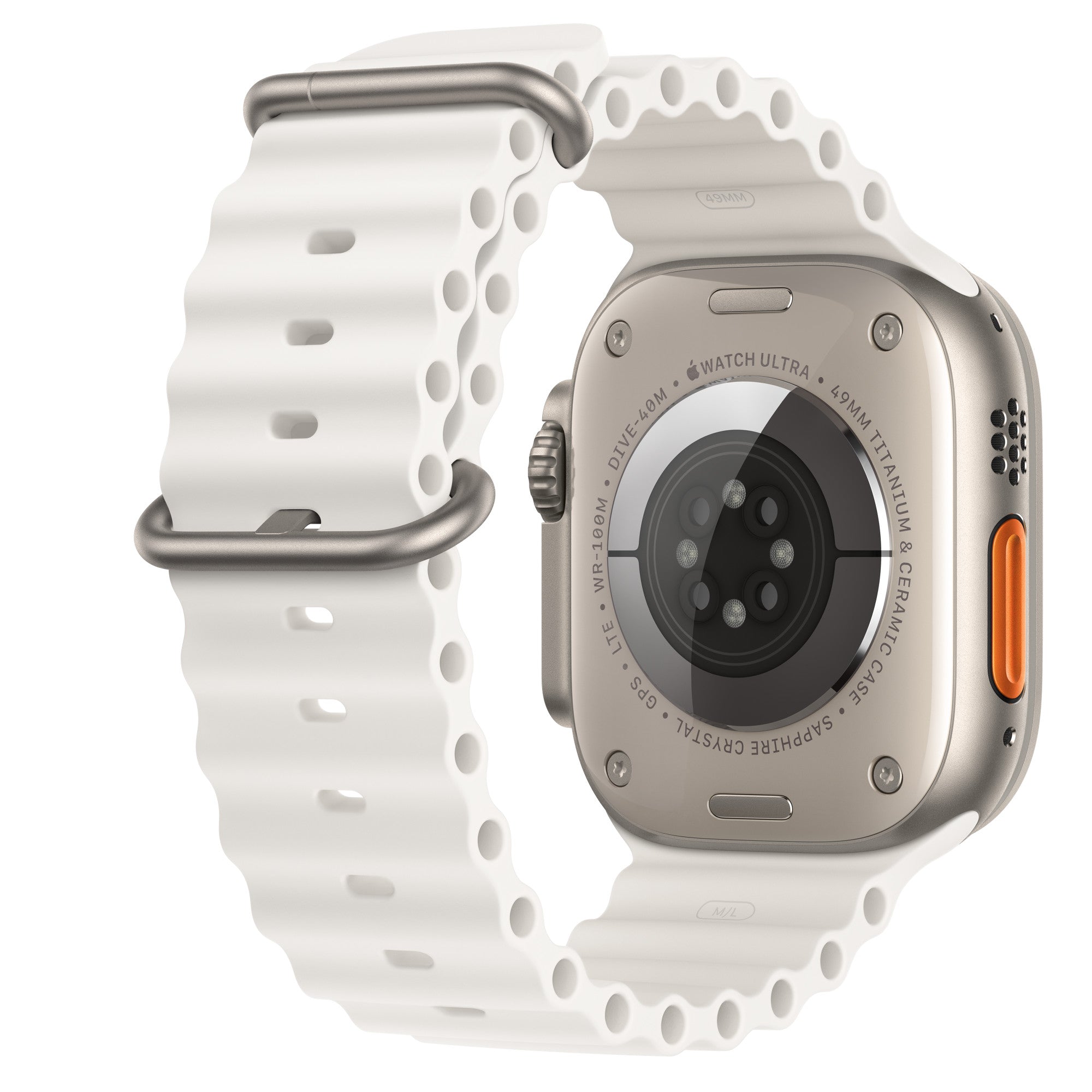 Apple Watch Ultra  GPS + Cellular, 49mm Titanium Case with White Ocean Band.