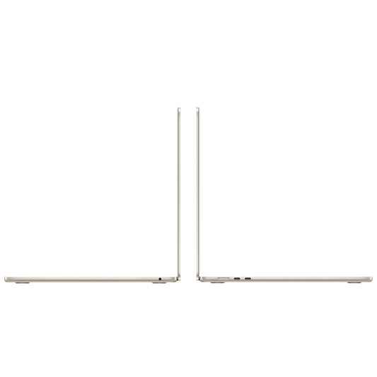 Apple MacBook Air 15-inch M4 in Starlight, open side views and ports
