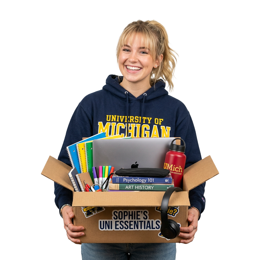 Student with a box of Apple gear