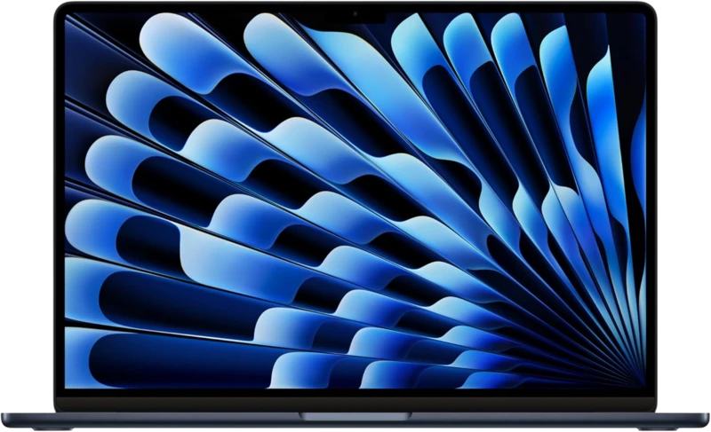MacBook Air, shown open with a vivid blue display